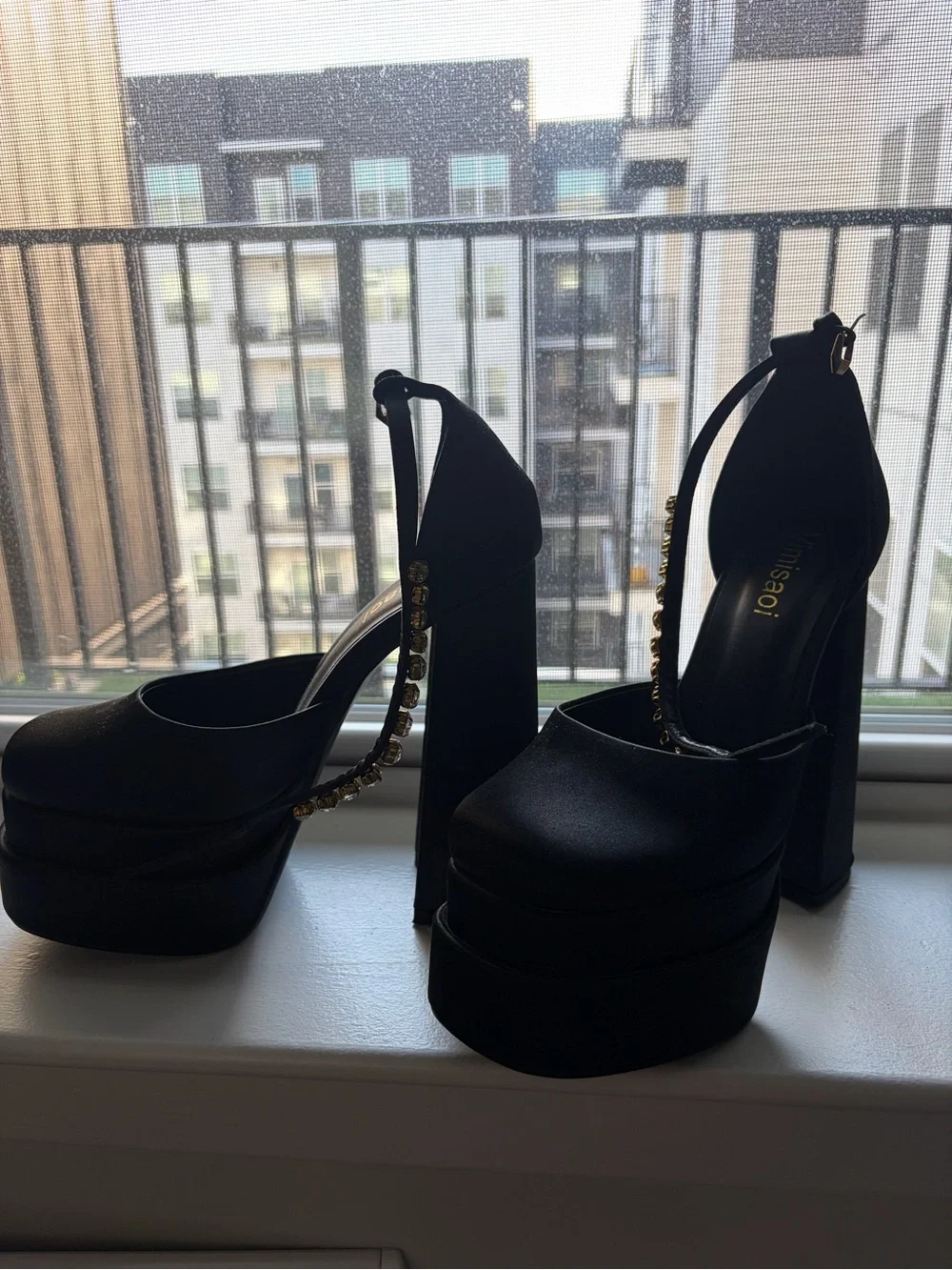 Black Platform Mary Jane Heels with Crystal Chain Accent